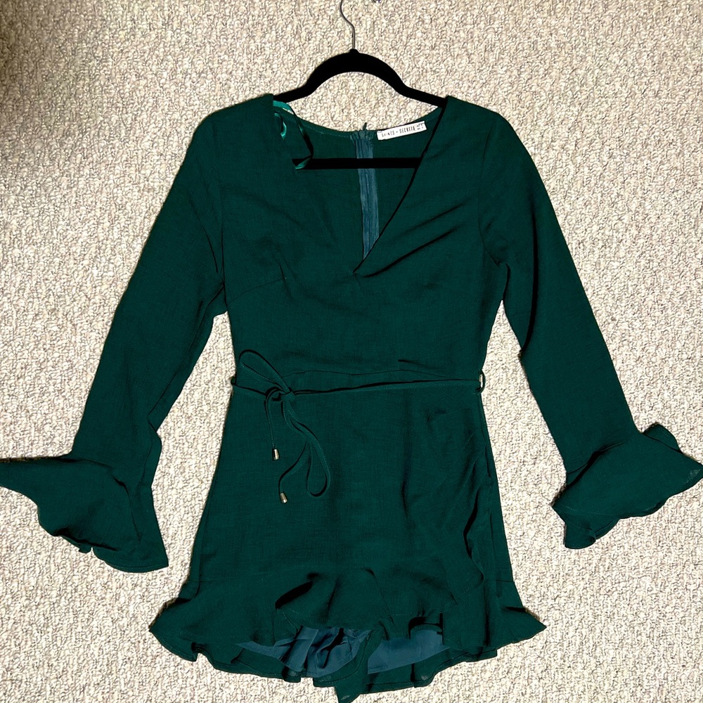 Emerald green romper dress with ruffles (saints + secrets)